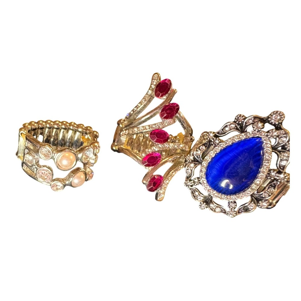 Glamorous Statement Stretch Rings Lot Silver Tone Ring Rhinestone Womens Jewelry